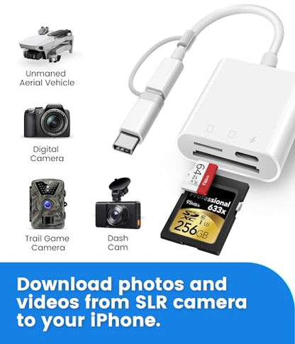 SD Card Reader for iPhone iPad, Oyuiasle Digital Trail Camera SD Card Viewer with Dual Slot for MicroSD/SD, Lightening&USBC Dual-Connector Memory Card Adapter for Photography, Plug and Play - size: 2 Slots