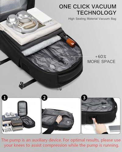 Vacuum Rolling Backpack with Integrated Pump, 60L Vacuum Backpack for Travel with Wheels, TSA Lock and Charging Port, Vacuum Compression Expandable Backpack for 17.3'' Laptop, Business & Long Trips