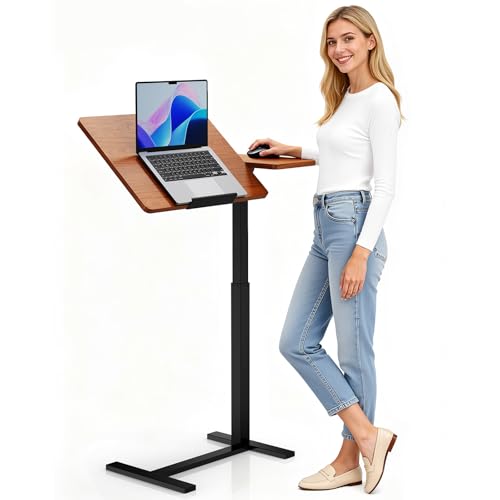 Simple Deluxe Standing Rolling Desk with Hidden Casters, Height Adjustable Pneumatic Mobile Laptop Desk, Tilting Bedside Table for Laptop, Overbed Bedside Table Hospital Home Use, Brown - color: Brown, style: Tiltable