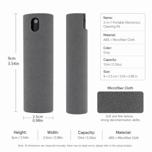 2-in-1 Portable Electronics Cleaning Kit with Microfiber Spray Bottle & Cloth for Phone, Tablet, Computer, TV, Car, Glasses, and Screen Maintenance - Dust Removal Tool (Grey) - color: Grey