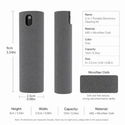 2-in-1 Portable Electronics Cleaning Kit with Microfiber Spray Bottle & Cloth for Phone, Tablet, Computer, TV, Car, Glasses, and Screen Maintenance - Dust Removal Tool (Grey) - color: Grey