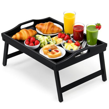 Bamboo Breakfast Tray Table with Folding Legs for Bed Table Sofa - Eating & Laptop Tray Bamboo with Folding Legs (Black) - color: Black