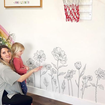 Large Black Boho Flower Wall Decals, 3 Sheets Simple Sketch Floral Wall Stickers Peony Wildflower Peel Stick Wall Art Decor Bedroom Home Room Office Garden Hall Adult Gifts for Mom(11.8x35.4 in/Sheet) - style: Large Peony Flower Set