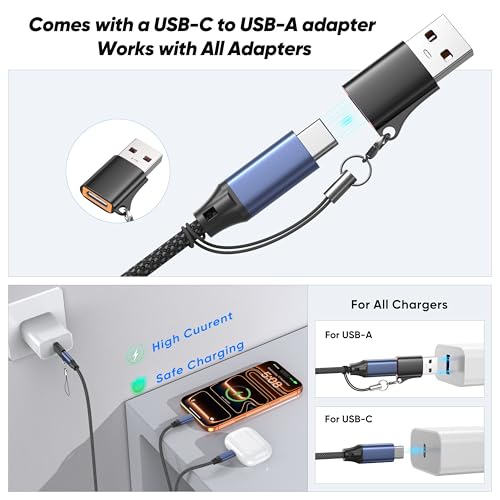 6.6FT 2-in-1 USB C to Dual USB C Cable, 140W Braided USBC Splitter Charging Cord for iPhone 17/17 Pro Max/16 Series,MacBook Air/Pro,and More, USB-A Adapter Included - size: 6.6FT