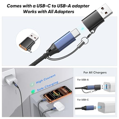 6.6FT 2-in-1 USB C to Dual USB C Cable, 140W Braided USBC Splitter Charging Cord for iPhone 17/17 Pro Max/16 Series,MacBook Air/Pro,and More, USB-A Adapter Included - size: 6.6FT
