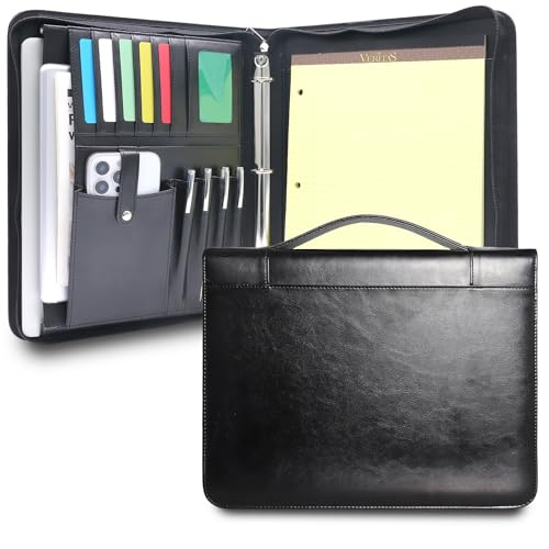 3-Ring Padfolio Organizer Binder, Portfolio with Handle | Faux leather folder fits Letter/A4 pads, 13.9 in tablet, cards and pens for work, meetings or daily commute. - color: Black, size: Handle Portfolio(13.7"x11"x1.57")