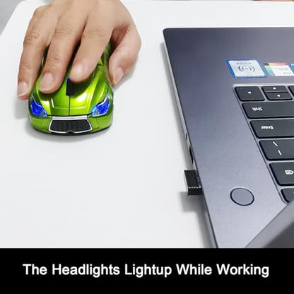 Car Mouse for Computer, Wireless Car Shaped Mice for Laptop, PC, Mini Cute Mouse with 2.4Ghz USB Receiver, 3D, 1600DPI, Silent Clicks, LED Headlights (Green) - color: Y-Green