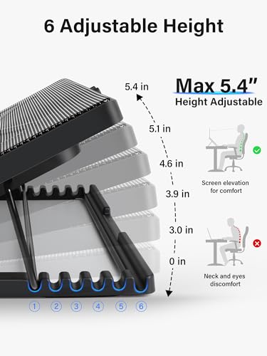 Kootek Laptop Cooling Pad Cooler Stand with 5 Quiet Fans for 12"-17" Laptop | 5 Fans, USB Powered, Laptop Cooling Stand with 2 USB Hub, 6 Adjustable Height, 360° Cooling Coverage, Anti-Slip, Blue LED - color: Blue
