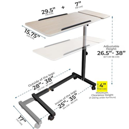 Recliner Table, Over the Bed Table with Wheels, Adjustable Width & Height, with Split Tilt Design & 4 Caster Wheels with Brakes (Beechwood Tabletop, Black Base) - color: Beechwood, Black Base