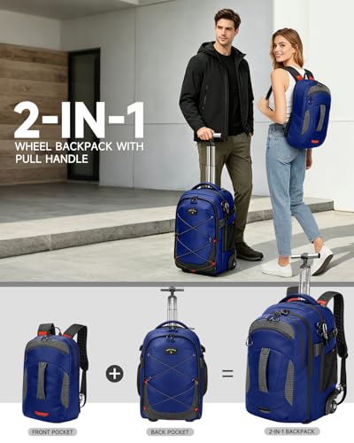2-in-1 Detachable Backpack with wheels,56L Large rolling backpack-Splits into Daypack & Laptop Backpack Fits 17 Inch Laptop,Water Resistant Luggage suitcase,Air Travel,Weekend Trips - color: Blue