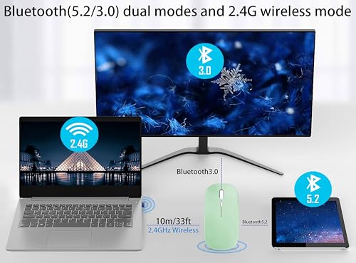 WREANU Wireless Bluetooth Mouse Rechargeable Laptop Mice with LED Lights Silent Slim Use(BT5.2 and 2.4G Portable USB Receiver)Dual Mode Computer Mouse for Laptop/iPad/Tablet/Apple/Computer/Mac(Green) - color: Green Wireless Bluetooth Mouse