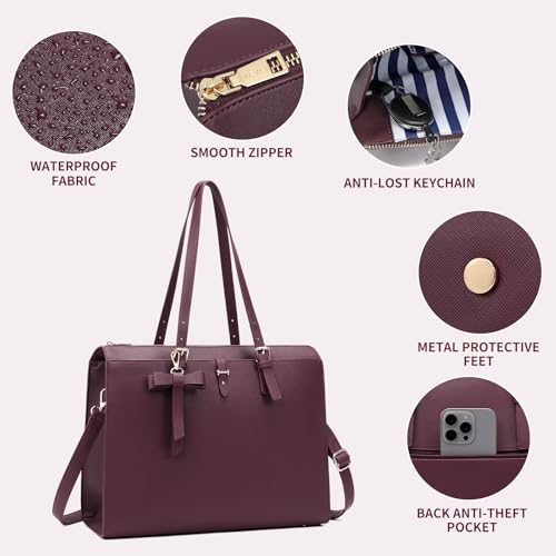 Keyli 4pc Sets Laptop Bag for Women Large Leather Laptop Briefcase with USB Charging Port Computer Shoulder tote Bags Purse - color: Wine Red