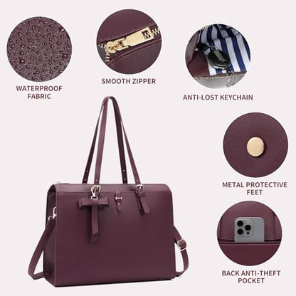 Keyli 4pc Sets Laptop Bag for Women Large Leather Laptop Briefcase with USB Charging Port Computer Shoulder tote Bags Purse - color: Wine Red