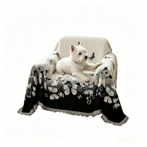 Chenille Couch Cover Reversible Butterfly Pattern Sofa Throw Blanket | 71x71 Inch Square Protector with Tassels for Dogs Cats, Scratch Resistant Woven Slipcover for Loveseat Armchair - color: Black Butterfly, size: 71"x 71"