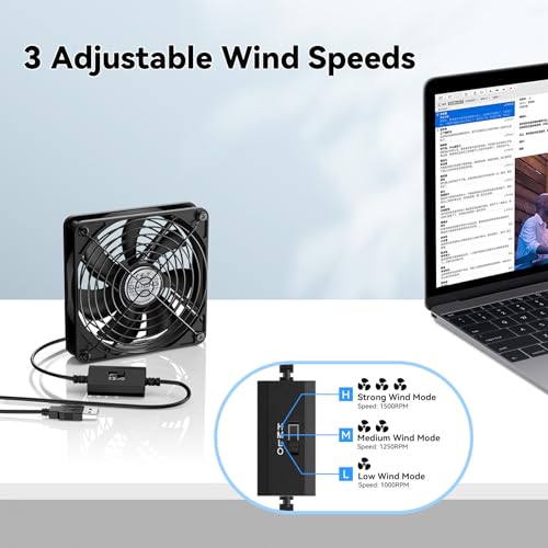 ELUTENG 120mm USB PC Fan 5V with 3 Speed Contorl, Portable USB Computer Fan | High Airflow Electronic Cooling Fan with USB Feamle to USBC Female Adapter for Laptop/TV Box/AV Cabinet/PS5/Router - size: 120mm with female adapter