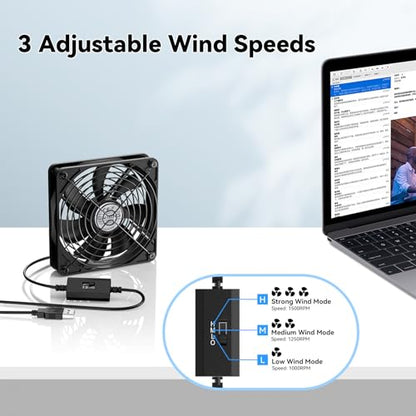 ELUTENG 120mm USB PC Fan 5V with 3 Speed Contorl, Portable USB Computer Fan | High Airflow Electronic Cooling Fan with USB Feamle to USBC Female Adapter for Laptop/TV Box/AV Cabinet/PS5/Router - size: 120mm with female adapter