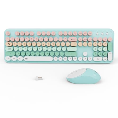 Pink Green Wireless Keyboard and Mouse Combo, Cute Pastel Bubble Keyboard with Round Keys, 2.4GHz Full Size Aesthetic Keyboard with Number Pad for Long Nails PC Laptop Desktop - color: Green Pink Wireless Keyboard Mouse
