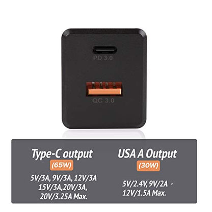 GaN Tech 65W Dual Port PD Wall Charger with 5ft USB C Cable for MacBook, Laptops, iPad Pro, iPhone12, Galaxy, Pixel and More (Black) - color: Black