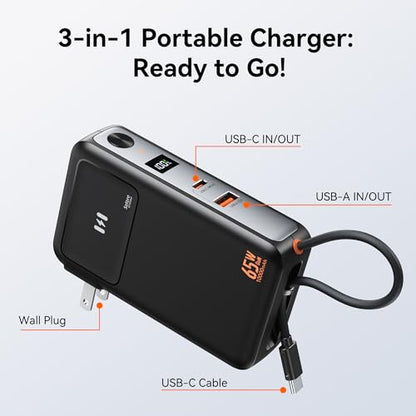 Portable Charger Wall Plug 65W for Laptop, 10000mAh Power Bank Built in Cable, USB-C Phone Battery Pack 35W Fast Charging, Travel Essentials Compatible with iPhone 17 16 15 Samsung iPad MacBook Pro