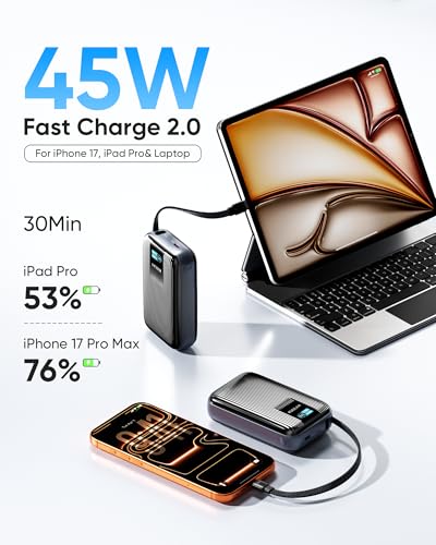 Kuulaa 45W Power Bank, 20000mAh Portable Charger with Built-in USB-C Cable, External Battery with Fast Charging, External Battery with Digital Display for iPhone 16/15 Pro Max, MacBook, Galaxy S25