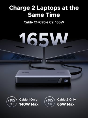 UGREEN Nexode Power Bank, 25,000mAh 165W Laptop Portable Charger with 2 Built-in USB-C Cables, 90Wh Fast Charging Business Travel Battery Pack for MacBook Pro/Air/ipad/iPhone 17/Samsung/Dell/HP/Lenovo