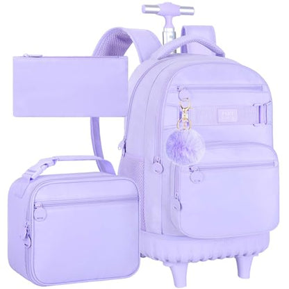 3Pcs Rolling Backpack for Girls Women, 19 Inche School Roller Backpacks with Wheels, Adults Wheeled Bookbag with Lunch Box(Purple) - color: Classic Purple
