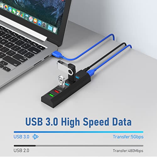 USB Hub, Aiibe 6 Ports Super High Speed USB 3.0 Hub Splitter + 24W Power Adapter + USB 3.0 Cable, Black Smart Fast Charger Powered USB Hub for Laptop, Mac, PC, Mobile HDD, Mulitple Devices - color: Black 6 Port