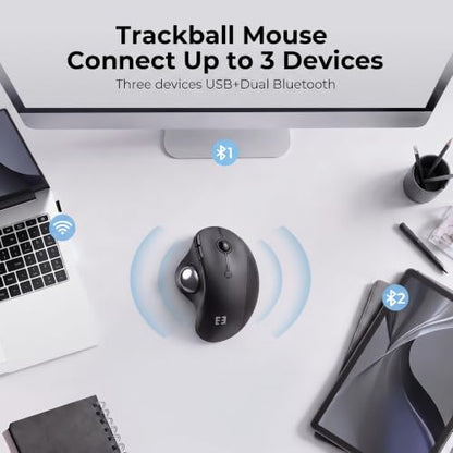 seenda Wireless Trackball Mouse, Ergonomic Bluetooth Rollerball Mouse,Black | USB-C rechargeable, 3-device Bluetooth+2.4G USB, thumb control, 5-level DPI and space-saving comfort for laptop, PC and Mac. - color: Black