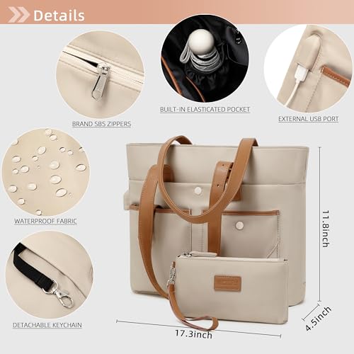 Laptop Bag for Women 15.6 Inch Work Tote Briefcase with USB Nylon Shoulder Handbag for Office Travel Business - color: Khaki