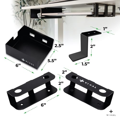VI+AL Under Desk Laptop Mount - Hidden Metal Shelf with Side Storage - Installs with Tape & Screws - Fits Devices up to 1.7" Thick - Standard (No Hook or Cable Organizer) - style: Standard