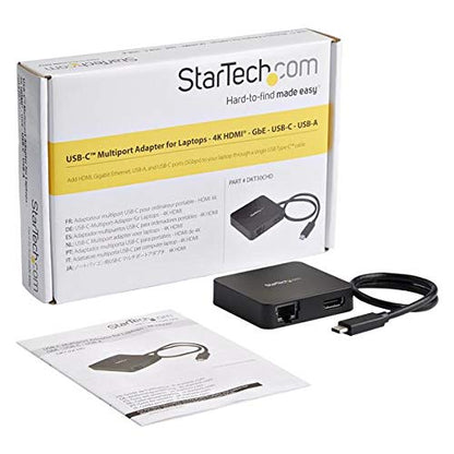 StarTech 4-in-1 USB-C Mini Dock, 4K HDMI, GbE, 5Gbps 3.0 Hub, USB-A/C | Windows, macOS, ChromeOS, iPadOS, Android, Driverless setup, 13in/34cm cable, Compact for hot-desking - style: 1x USB-A 3.0 | 1x USB C-(5Gbps) | HDMI