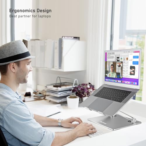 BoYata Laptop Stand, Adjustable Aluminum Riser for 15-Inch Laptops, Silver | Slide-proof silicone pads and protective hooks provide stable support for MacBook, notebooks and laptops up to 15 inches - color: Silver-2