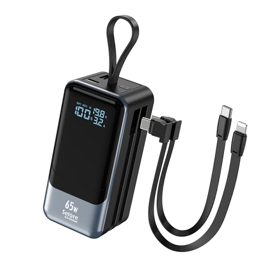 65W Power Bank for Laptop, 18400mAh Fast Charging Portable Charger, Battery Pack with Dual Built-in USB-C & Lightning Cables, LCD Display Travel Chargers for MacBook/Dell XPS/iPad/iPhone 15/Samsung - color: Black