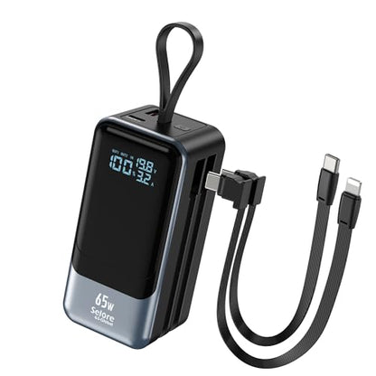 65W Power Bank for Laptop, 18400mAh Fast Charging Portable Charger, Battery Pack with Dual Built-in USB-C & Lightning Cables, LCD Display Travel Chargers for MacBook/Dell XPS/iPad/iPhone 15/Samsung - color: Black