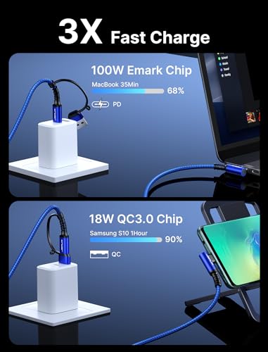 JSAUX 3-in-1 USB-C Cable 2-Pack 10FT, 100W Right-Angle Fast Charging, Blue | Right-Angle Braided Cables with USB-A Adapter, 2 x 10 ft, for iPhone 17/16/15, Galaxy S26/S25/S24, iPad, MacBook, Steam Deck - color: Blue, size: 10FT
