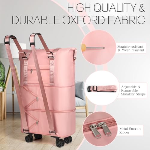 VOOWO Duffel Bag with Wheels - Rolling Foldable Expandable Duffle bags for Travel, Rolling Under Seat Luggage Carry On Travel Bag, Large Wheeled Overnight Weekender Bag (Pink) - color: Pink