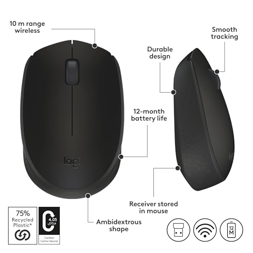 Logitech M170 Compact Ambidextrous 2.4 GHz Wireless Mouse - Black | Ambidextrous mouse with 2.4 GHz USB-A Nano Receiver, Optical Tracking, 12-Months Battery Life, PC, Mac, Laptop compatible - color: Black