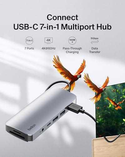 Belkin USB-C Hub 7 in 1 4K HDMI, PD, USB-A, SD & Audio | USB-C docking station for Neo MacBook, iPad Pro, and XPS, includes SD/MicroSD card slots, USB-A ports, 3.5mm audio jack - style: 7-in-1 USB-C Hub