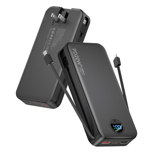 citicr Portable Charger 20000mAh PD20W w/Built-in Cables & Wall Plug Black | High capacity, Fast charging, Built-in wall plug, LED display, Charge 5 devices at once, Pass through charging, TSA approved - color: Black-20000mah