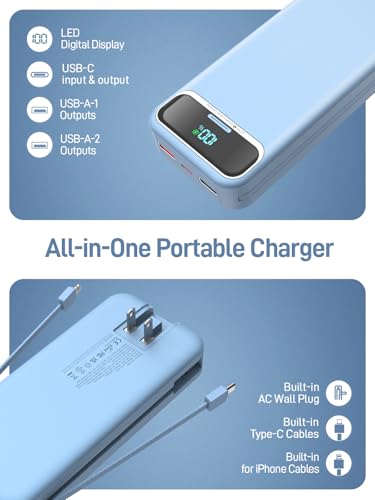 Nusyddy Portable Charger 20000mAh Fast Charging w/Built-in Wall Plug Blue | 22.5W Fast Charging, High Capacity, LED Display, Charge 5 Devices at once, TSA Approved, Compatible with iPhone/Samsung - color: Azure