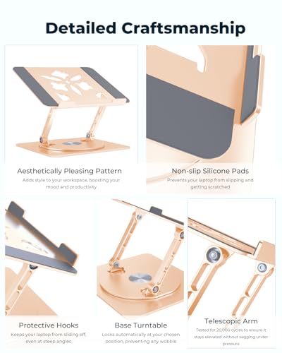 Aoviho 360° Rotating Laptop Stand for Desk | Adjustable, Foldable, Portable Aluminum Ergonomic Riser | Compatible with MacBook, Dell, HP & All Laptops 10-16 inch | Gold - color: Gold