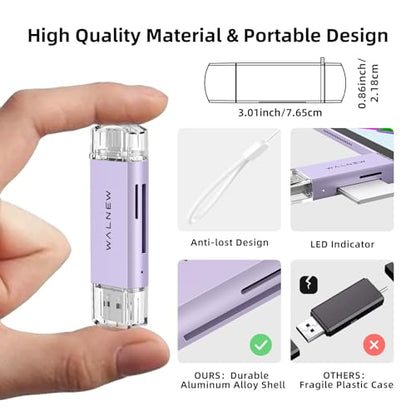 WALNEW SD Card Reader, USB 3.0 & USB-C SD/TF Memory Card Adapter | Supports UHS-I SD/SDHC/SDXC/MicroSD, Compatible with MacBook, PC, iPad, iPhone 15, Samsung Galaxy Android - color: Purple