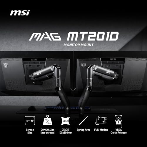 MSI MAG MT201D - Premium Heavy Duty Dual Monitor Stand Arms, 17-45" Support, VESA Compatible, Adjustable Spring Mount, 44 lbs per Screen, Clamp & Grommet, Quick Release Plate - Black - color: Black