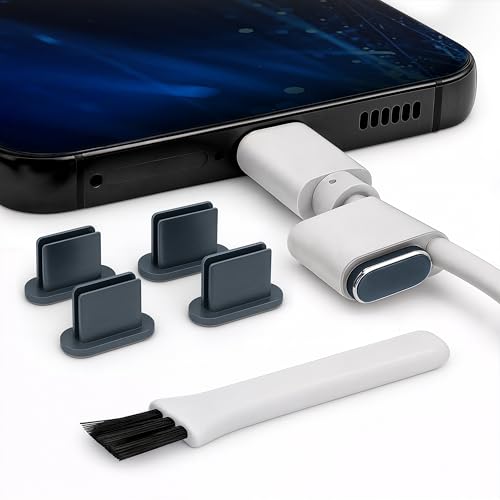PortPlugs USB-C Dust Plugs (5-Pack), Solid Aluminum Port Protectors with Cleaning Brush and Cord Clips for iPhone, Samsung, Android, MacBook, Laptops and USB-C Devices - Grey - color: Grey - 5 Pack