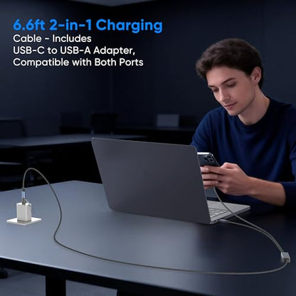 Dual USB C Charging Cable 140W, 2 in 1 USB C Splitter Cable with USB-A Adapter, 6FT Fast Charging PD Cord for MacBook Pro, iPhone 17/16, iPad Pro, Galaxy S25, Steam Deck - size: 6.6FT
