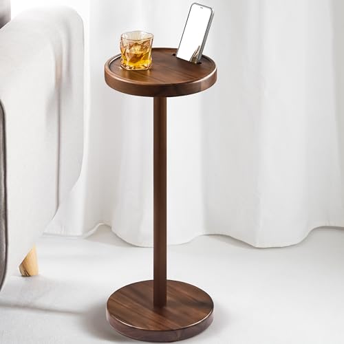 BLUEWEST 22 Inch Tall Compact Drink Table, Flat Top, Weighted Base, Walnut | Durable Pedestal Accent Table for Living Rooms, Bedrooms or Offices, with a Compact Design for Cocktails and Everyday Drinks. - color: Medium Walnut