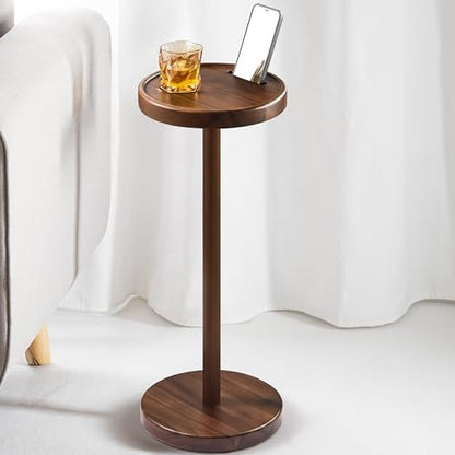 BLUEWEST 22 Inch Tall Compact Drink Table, Flat Top, Weighted Base, Walnut | Durable Pedestal Accent Table for Living Rooms, Bedrooms or Offices, with a Compact Design for Cocktails and Everyday Drinks. - color: Medium Walnut