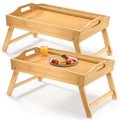 Bed Table Tray with Folding Legs, (2 Pack) Laptop Holder and Handles - Breakfast Tray Bamboo Bed Tray for Eating, Sofa, Bed, Food Trays for Eating on Couch, Snacking and Working - size: 2 Pack Medium 15.75" x 12" x 8"