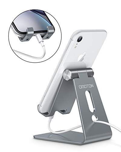 OMOTON C2 Adjustable Aluminum Cell Phone Stand with Charging Cutout, Grey | Sturdy 3mm Aluminum, Charging Port, 270° Adjustable, Non-Slip Silicone Pads, Works with Thick Cases, for All Smartphones - color: Grey