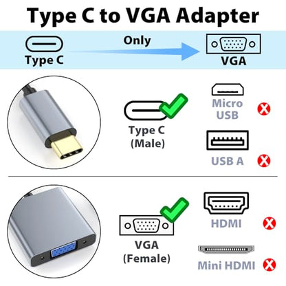 VGA to USB C Adapter, Type-C to VGA Female Video Converter Supports 1080P@60Hz, Plug & Play, Compact & Durable, Compatible with MacBook, Dell, HP, Chromebook, iPad Pro & More, No Audio